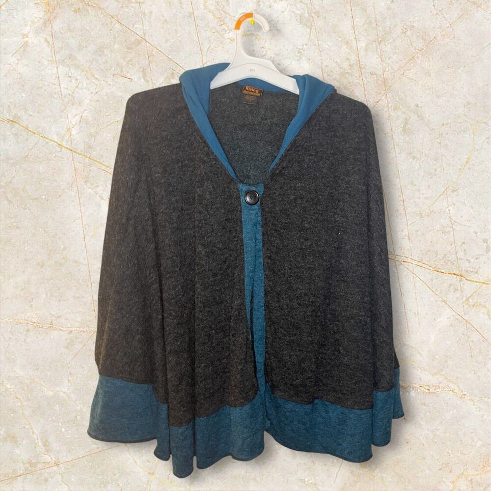 Rising International S Made In Nepal Boho Grey Blue Cape Poncho Hoodie